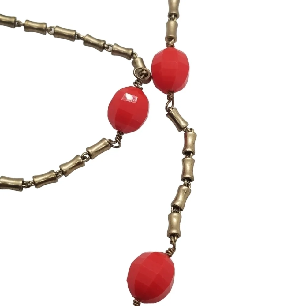 J.CREW LONG MATTE GOLDTONE CYLINDER BEAD & RED BEAD CHAIN NECKLACE